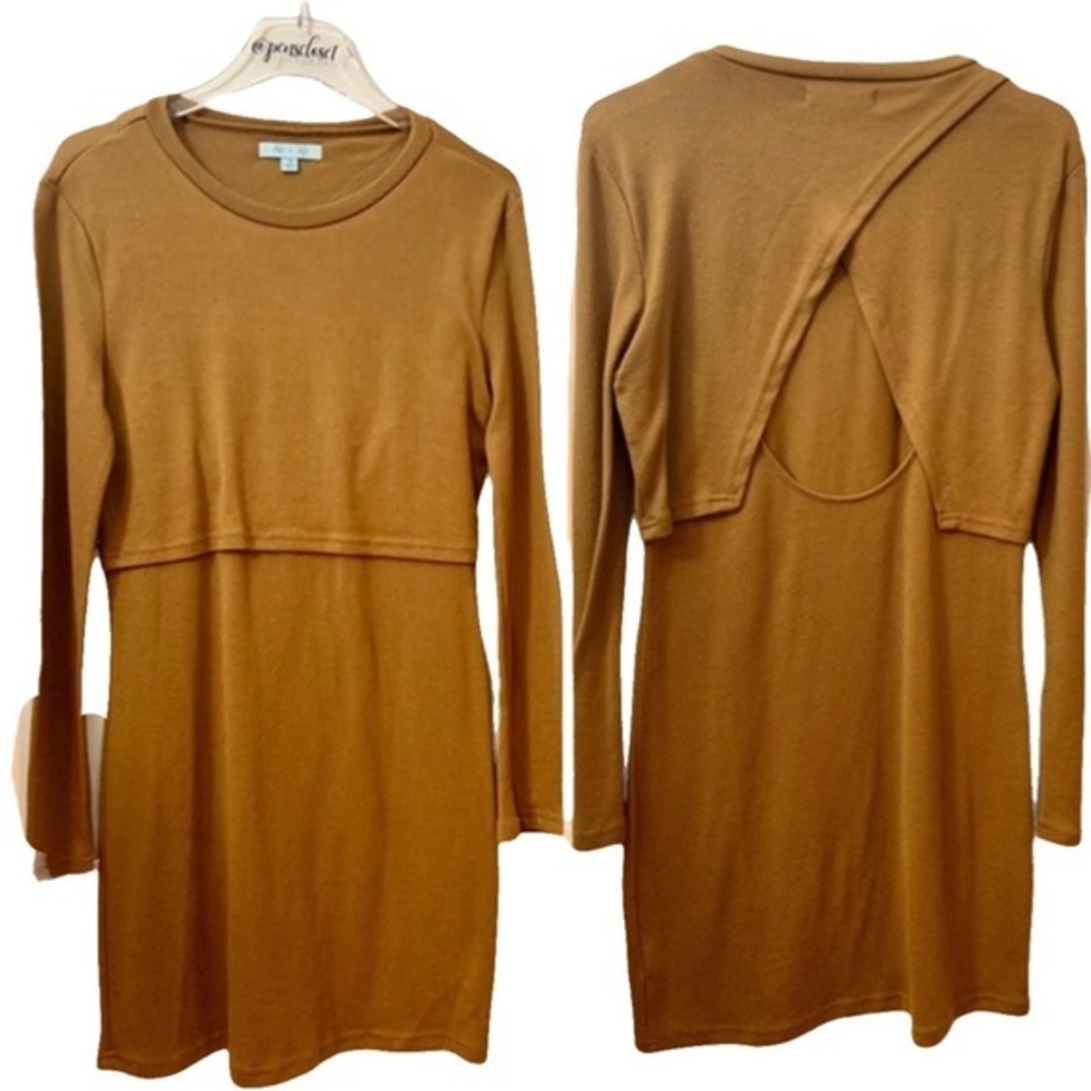 She & Sky Copper Brown Long Sleeve Knit Dress Back Cutout Perfect For Fall